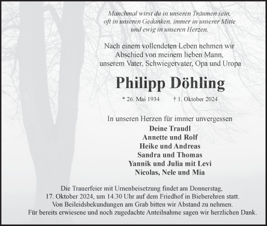 Traueranzeige von Philipp Döhling von Fränkische Nachrichten