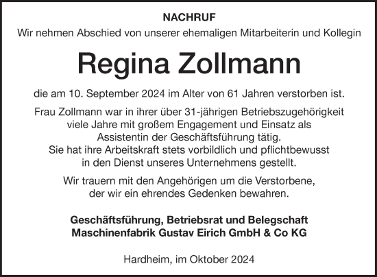 Traueranzeige von Regina Zollmann von Fränkische Nachrichten