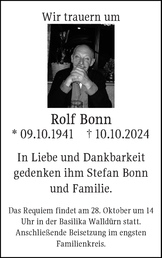  Traueranzeige für Rolf Bonn vom 19.10.2024 aus Fränkische Nachrichten