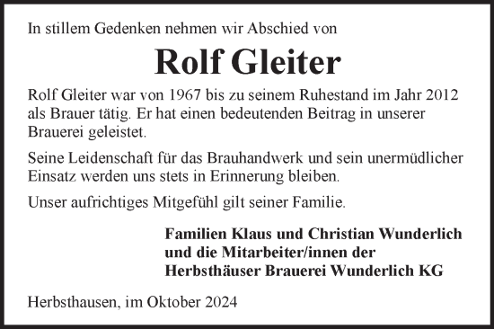 Traueranzeige von Rolf Gleiter von Fränkische Nachrichten