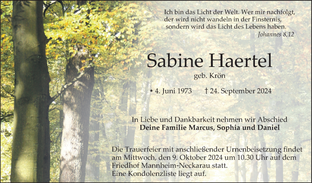  Traueranzeige für Sabine Haertel vom 05.10.2024 aus Mannheimer Morgen