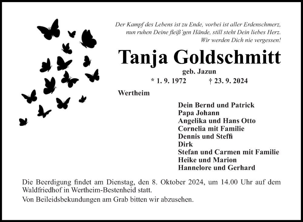  Traueranzeige für Tanja Goldschmitt vom 05.10.2024 aus Fränkische Nachrichten