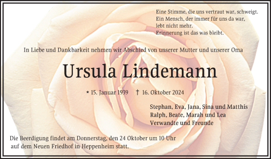 Traueranzeige von Ursula Lindemann von Bergsträßer Anzeiger