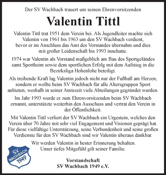 Traueranzeige von Valentin Tittl von Fränkische Nachrichten