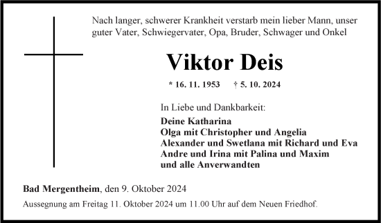 Traueranzeige von Viktor Deis von Fränkische Nachrichten