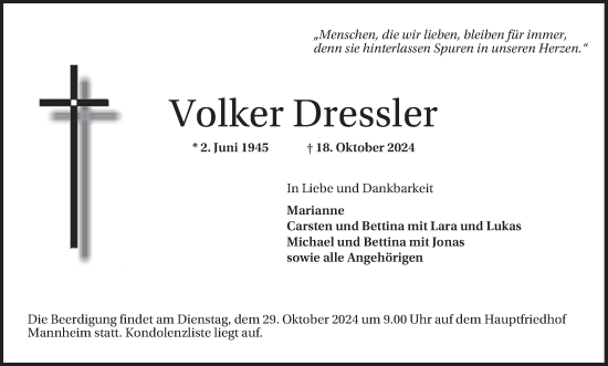 Traueranzeige von Volker Dressler von Mannheimer Morgen