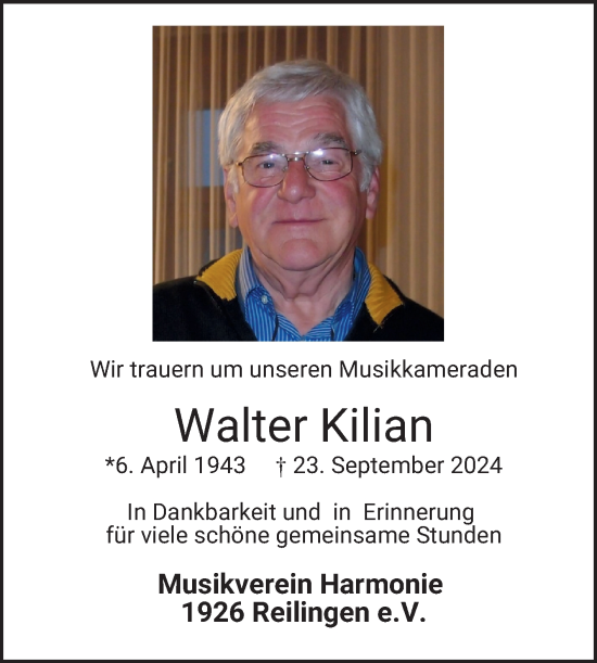 Traueranzeige von Walter Kilian von Schwetzinger Zeitung