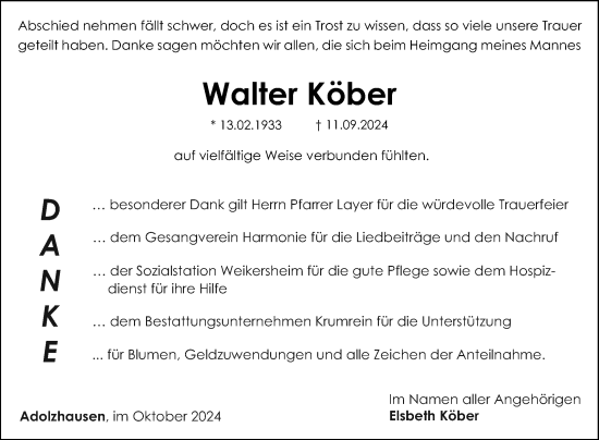 Traueranzeige von Walter Köber von Fränkische Nachrichten