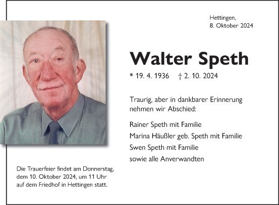 Traueranzeige von Walter Speth von Fränkische Nachrichten