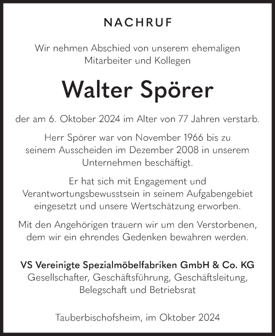 Traueranzeige von Walter Spörer von Fränkische Nachrichten