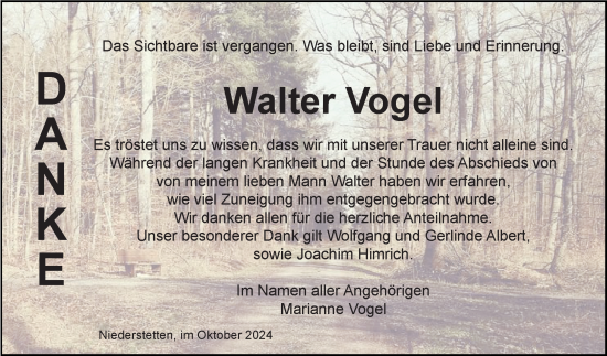 Traueranzeige von Walter Vogel von Fränkische Nachrichten