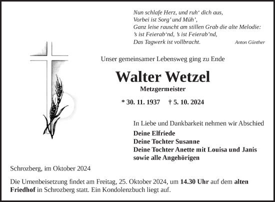 Traueranzeige von Walter Wetzel von Fränkische Nachrichten