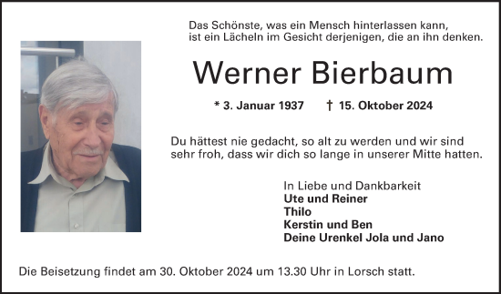 Traueranzeige von Werner Bierbaum von Bergsträßer Anzeiger