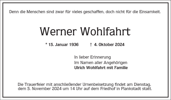 Traueranzeige von Werner Wohlfahrt von Schwetzinger Zeitung