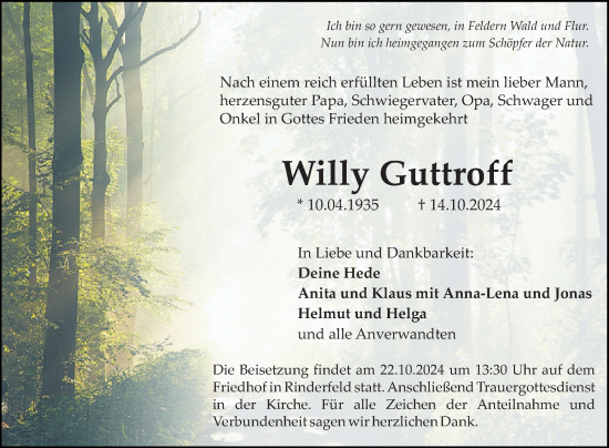 Traueranzeige von Willy Guttroff von Fränkische Nachrichten