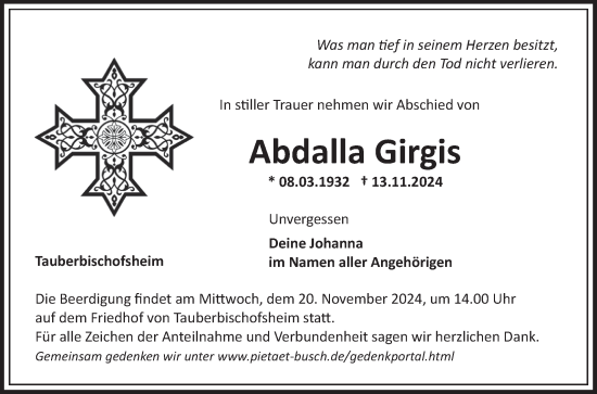 Traueranzeige von Abdalla Girgis von Fränkische Nachrichten