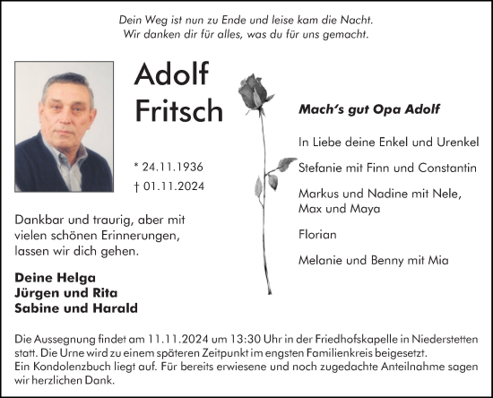 Traueranzeige von Adolf Fritsch von Fränkische Nachrichten