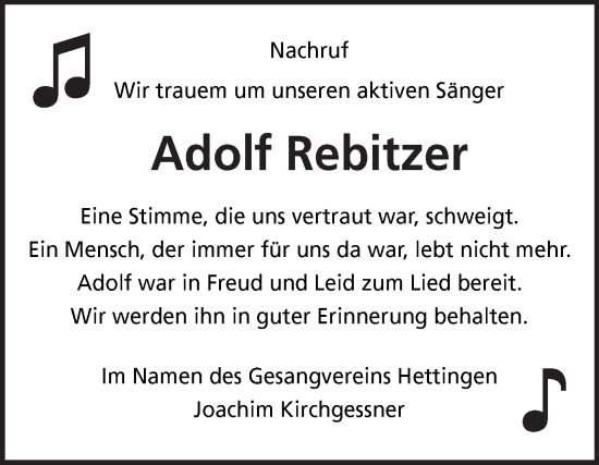 Traueranzeige von Adolf Rebitzer von Fränkische Nachrichten