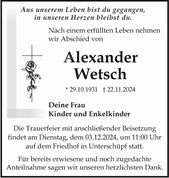 Traueranzeige von Alexander Wetsch von Fränkische Nachrichten