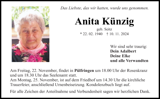 Traueranzeige von Anita Künzig von Fränkische Nachrichten