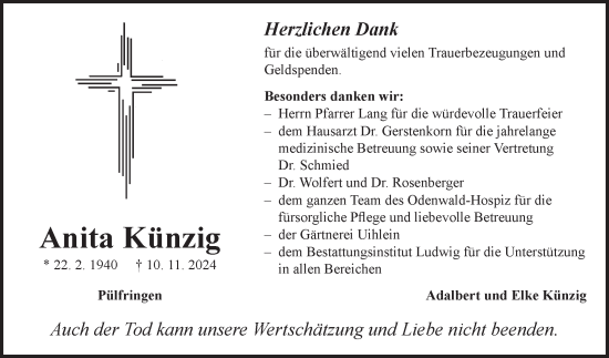 Traueranzeige von Anita Künzig von Fränkische Nachrichten