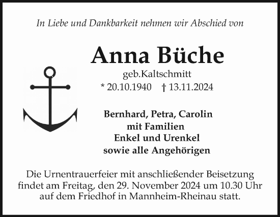 Traueranzeige von Anna Büche von Mannheimer Morgen