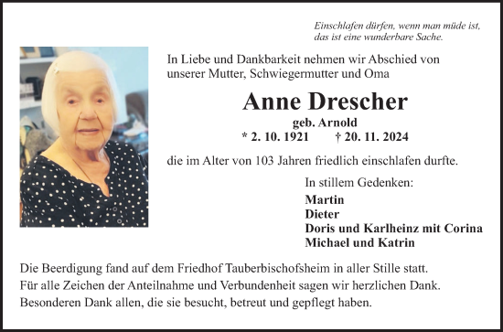 Traueranzeige von Anne Drescher von Fränkische Nachrichten