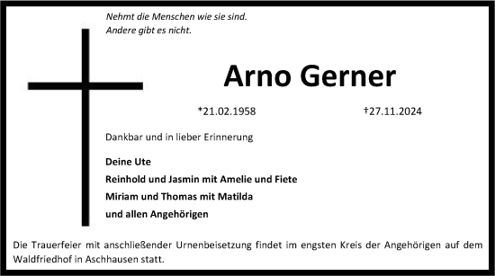 Traueranzeige von Arno Gerner von Fränkische Nachrichten