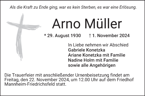 Traueranzeige von Arno Müller von Mannheimer Morgen