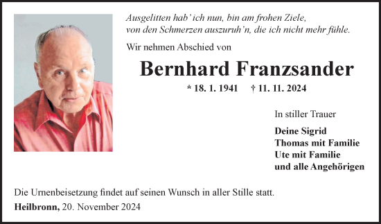 Traueranzeige von Bernhard Franzsander von Fränkische Nachrichten