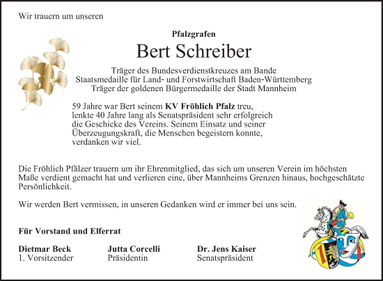 Traueranzeige von Bert Schreiber von Mannheimer Morgen