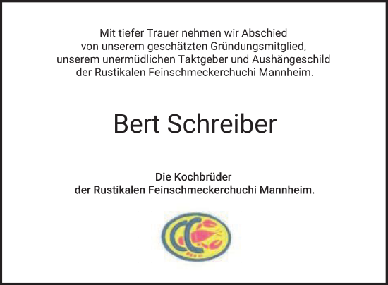 Traueranzeige von Bert Schreiber von Mannheimer Morgen