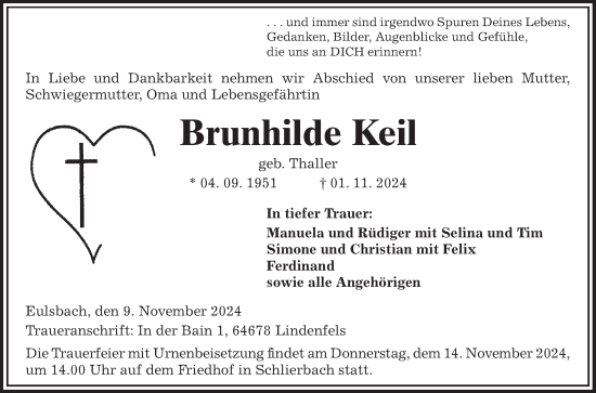 Traueranzeige von Brunhilde Keil von Bergsträßer Anzeiger