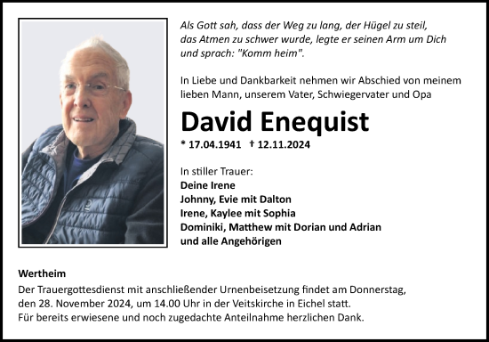 Traueranzeige von David Enequist von Fränkische Nachrichten