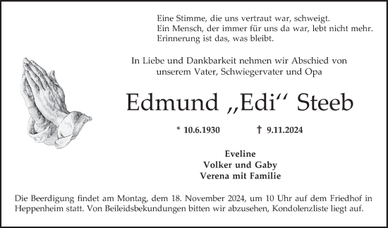 Traueranzeige von Edmund Steeb von Bergsträßer Anzeiger