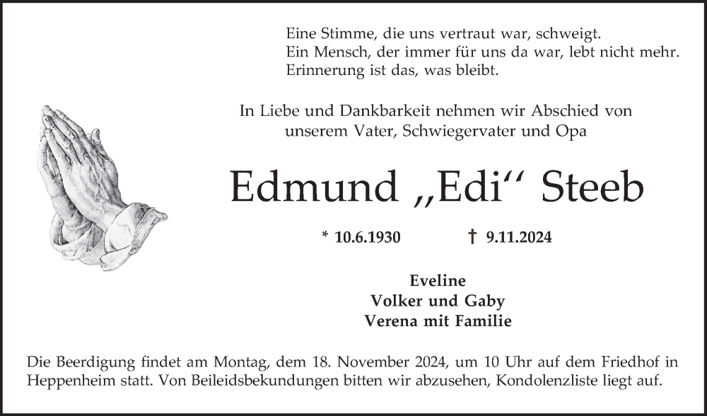  Traueranzeige für Edmund Steeb vom 16.11.2024 aus Bergsträßer Anzeiger