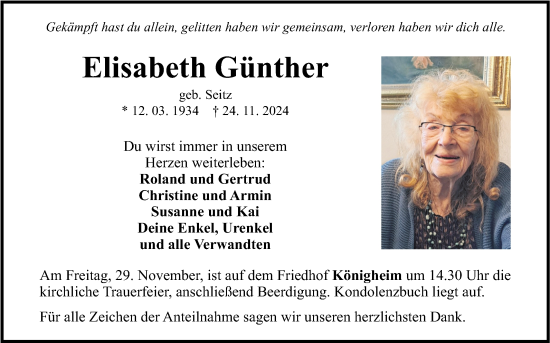 Traueranzeige von Elisabeth Günther von Fränkische Nachrichten