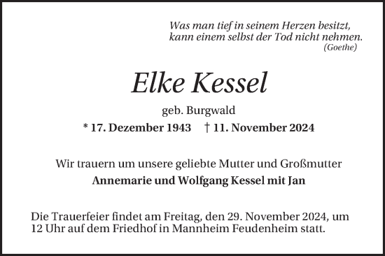 Traueranzeige von Elke Kessel von Mannheimer Morgen