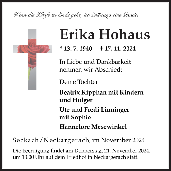 Traueranzeige von Erika Hohaus von Fränkische Nachrichten