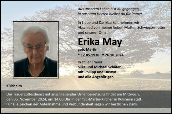 Traueranzeige von Erika May von Fränkische Nachrichten