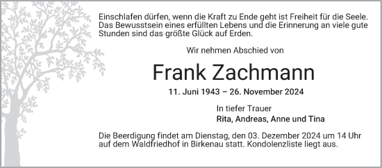 Traueranzeige von Frank Zachmann von Mannheimer Morgen