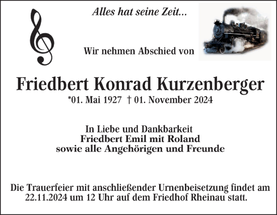 Traueranzeige von Friedbert Konrad Kurzenberger von Mannheimer Morgen