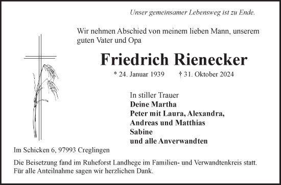 Traueranzeige von Friedrich Rienecker von Fränkische Nachrichten