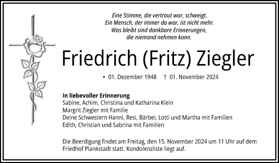 Traueranzeige von Friedrich Ziegler von Schwetzinger Zeitung