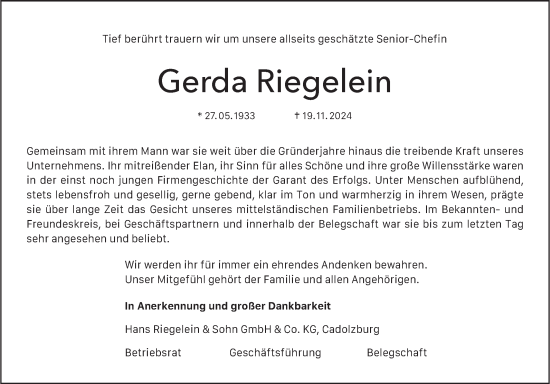 Traueranzeige von Gerda Riegelein von Fränkische Nachrichten