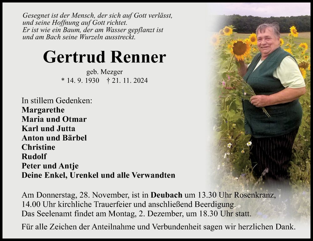  Traueranzeige für Gertrud Renner vom 23.11.2024 aus Fränkische Nachrichten