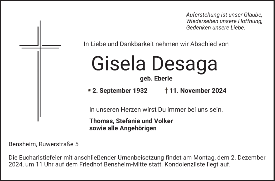 Traueranzeige von Gisela Desaga von Bergsträßer Anzeiger