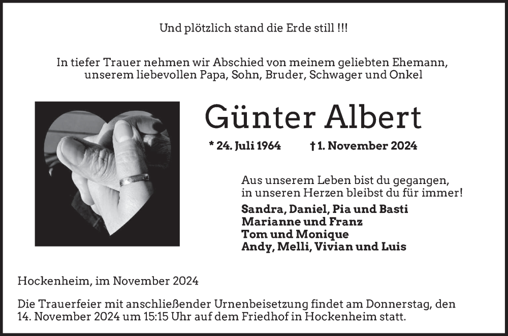  Traueranzeige für Günter Albert vom 09.11.2024 aus Schwetzinger Zeitung