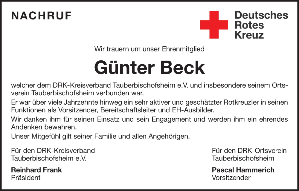  Traueranzeige für Günter Beck vom 16.11.2024 aus Fränkische Nachrichten