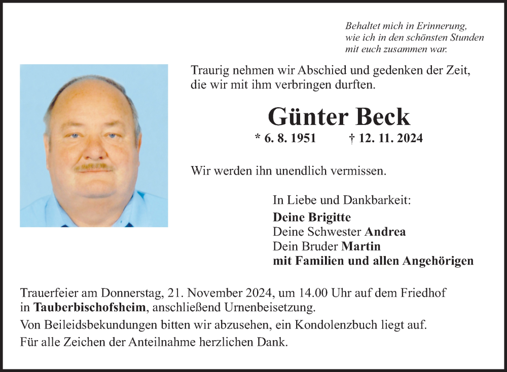  Traueranzeige für Günter Beck vom 16.11.2024 aus Fränkische Nachrichten